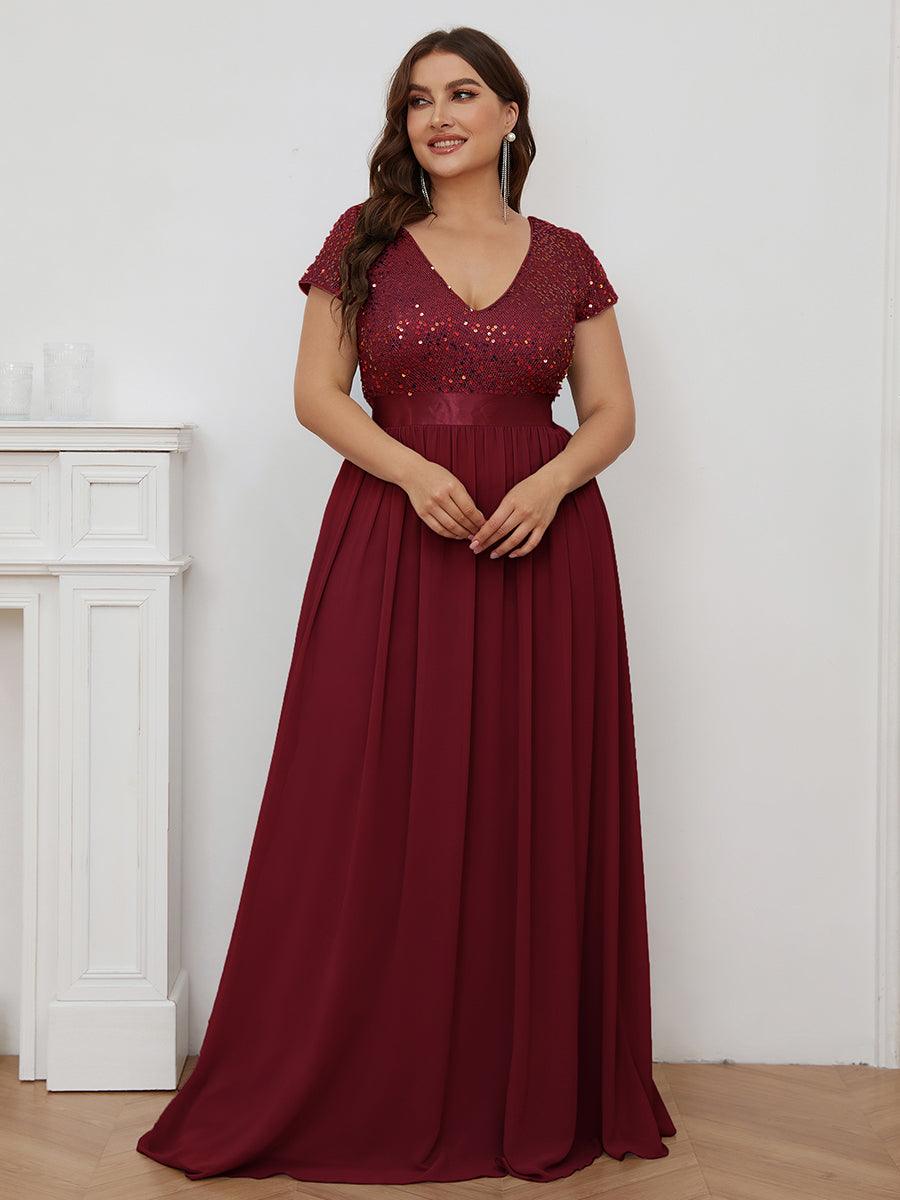 Robe de Soirée Maxi en Mousseline de Soie à Col en V de Grande Taille à Manches Courtes #Couleur_Bordeaux