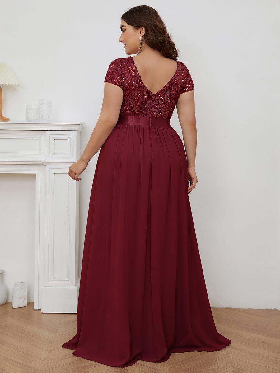 Robe de Soirée Maxi en Mousseline de Soie à Col en V de Grande Taille à Manches Courtes #Couleur_Bordeaux