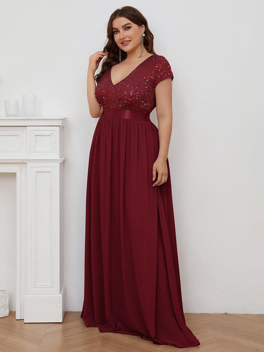 Robe de Soirée Maxi en Mousseline de Soie à Col en V de Grande Taille à Manches Courtes #Couleur_Bordeaux