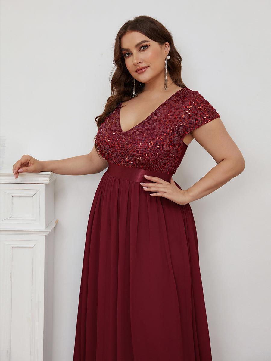 Robe de Soirée Maxi en Mousseline de Soie à Col en V de Grande Taille à Manches Courtes #Couleur_Bordeaux