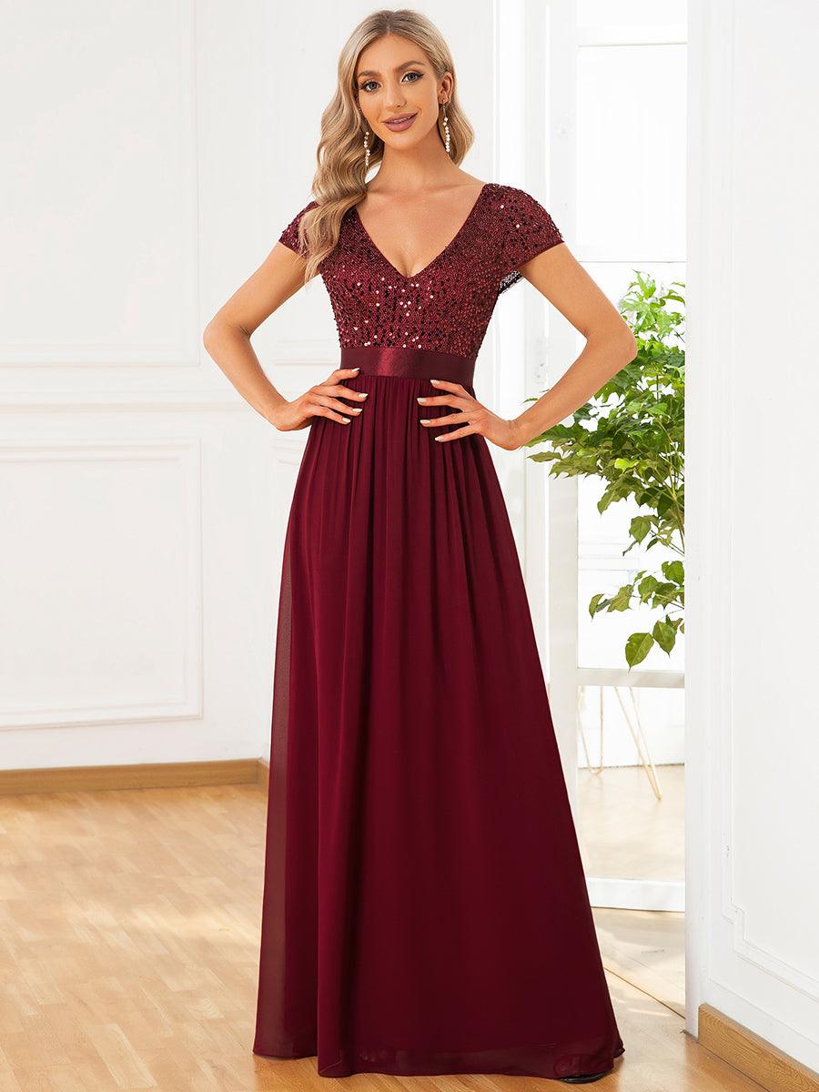 Robe de soirée taille empire à sequins et mousseline à encolure en V #Couleur_Bordeaux