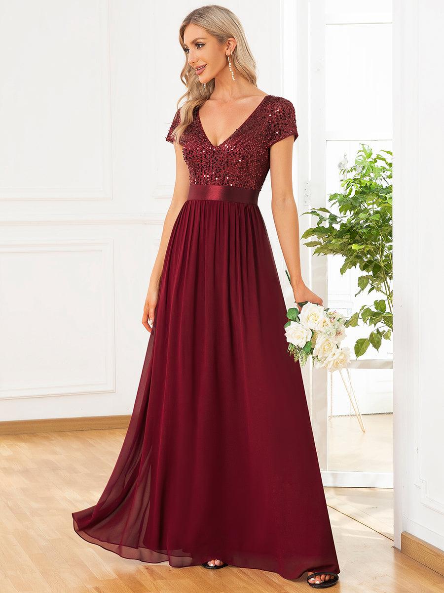 Robe de soirée taille empire à sequins et mousseline à encolure en V #Couleur_Bordeaux