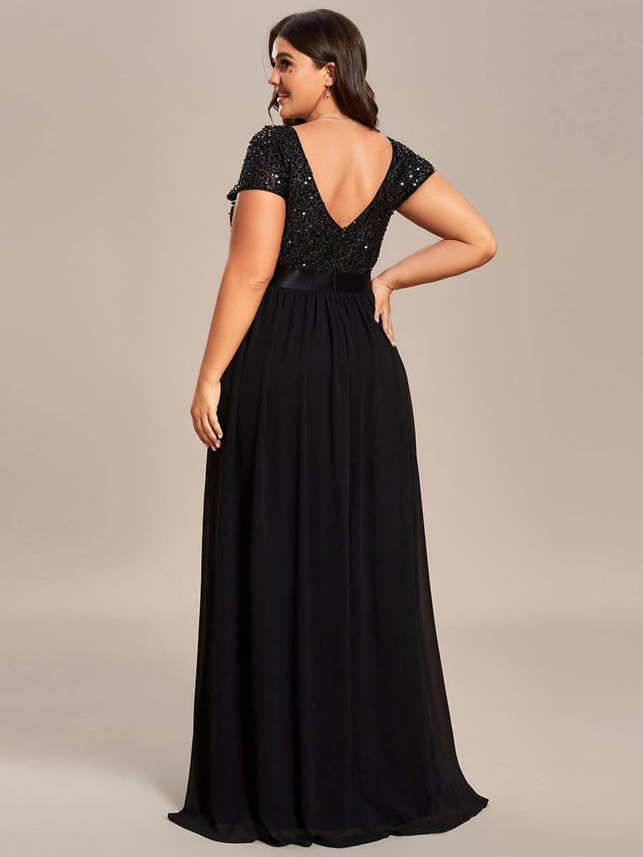 Robe de Soirée Maxi en Mousseline de Soie à Col en V de Grande Taille à Manches Courtes #Couleur_Noir
