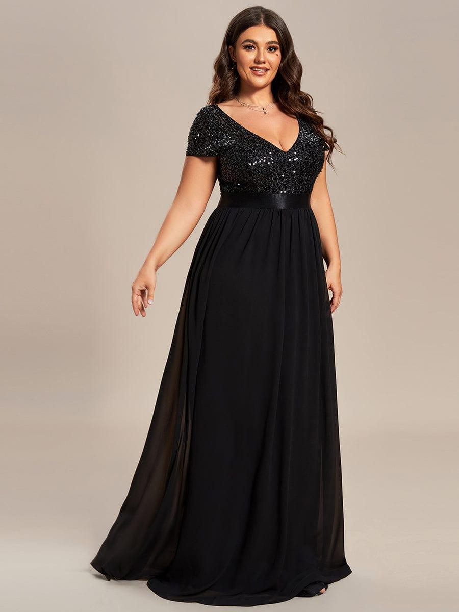 Robe de Soirée Maxi en Mousseline de Soie à Col en V de Grande Taille à Manches Courtes