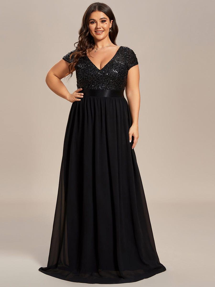 Robe de soirée taille empire à sequins et mousseline à encolure en V #Couleur_Noir
