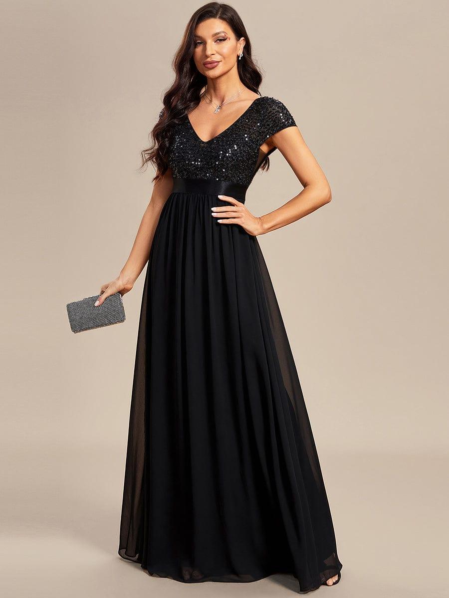Robe de soirée taille empire à sequins et mousseline à encolure en V #Couleur_Noir