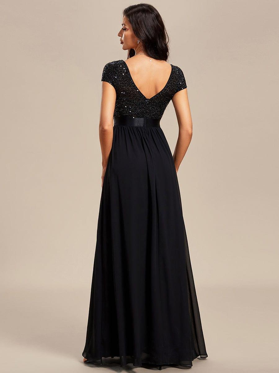 Robe de soirée taille empire à sequins et mousseline à encolure en V #Couleur_Noir