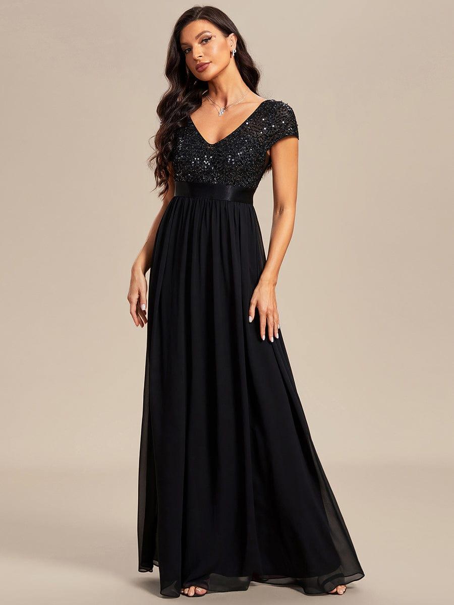 Robe de soirée taille empire à sequins et mousseline à encolure en V #Couleur_Noir