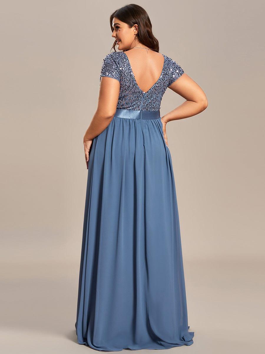 Robe de Soirée Maxi en Mousseline de Soie à Col en V de Grande Taille à Manches Courtes #Couleur_Marine Fume