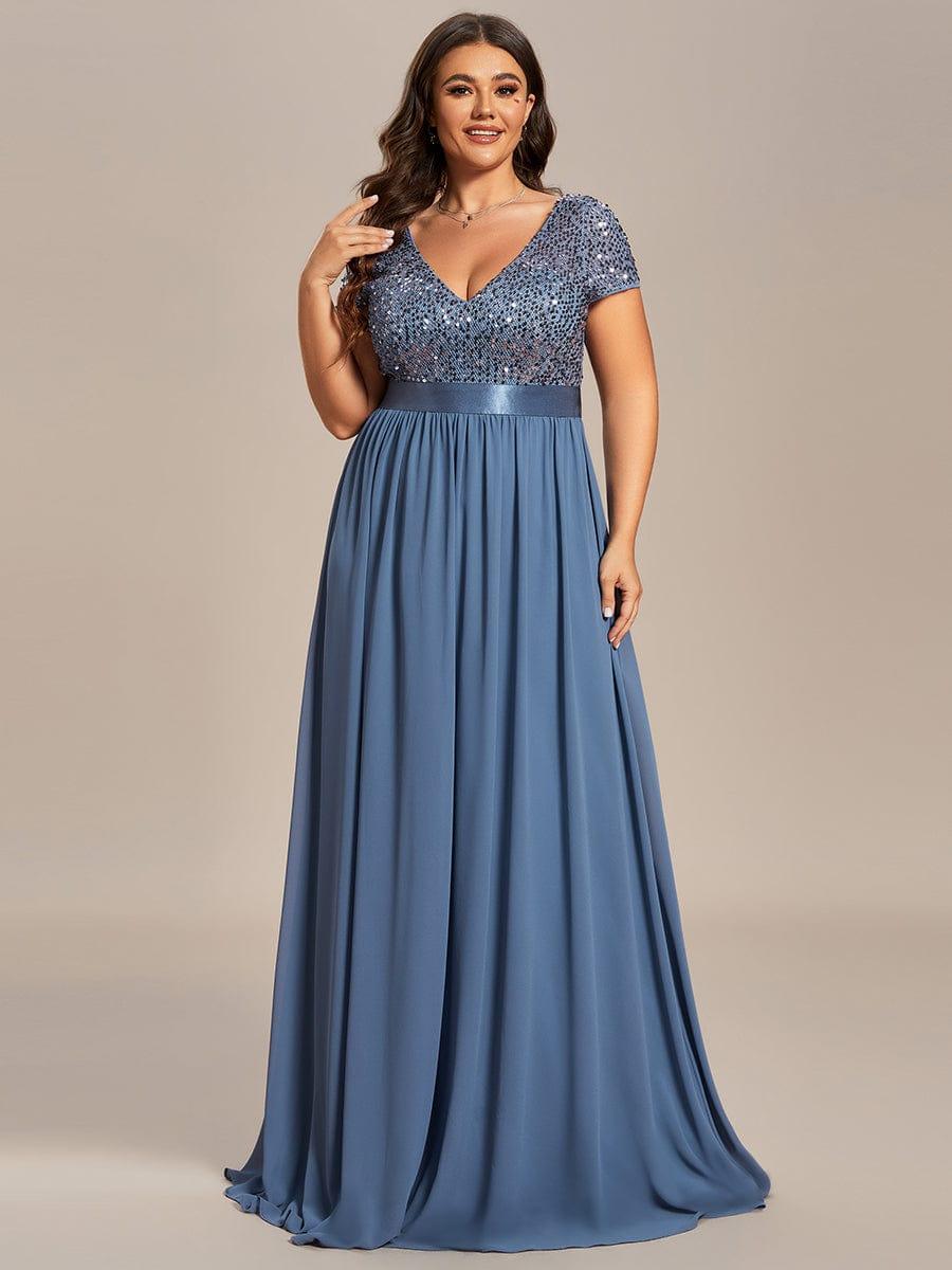 Robe de Soirée Maxi en Mousseline de Soie à Col en V de Grande Taille à Manches Courtes #Couleur_Marine Fume