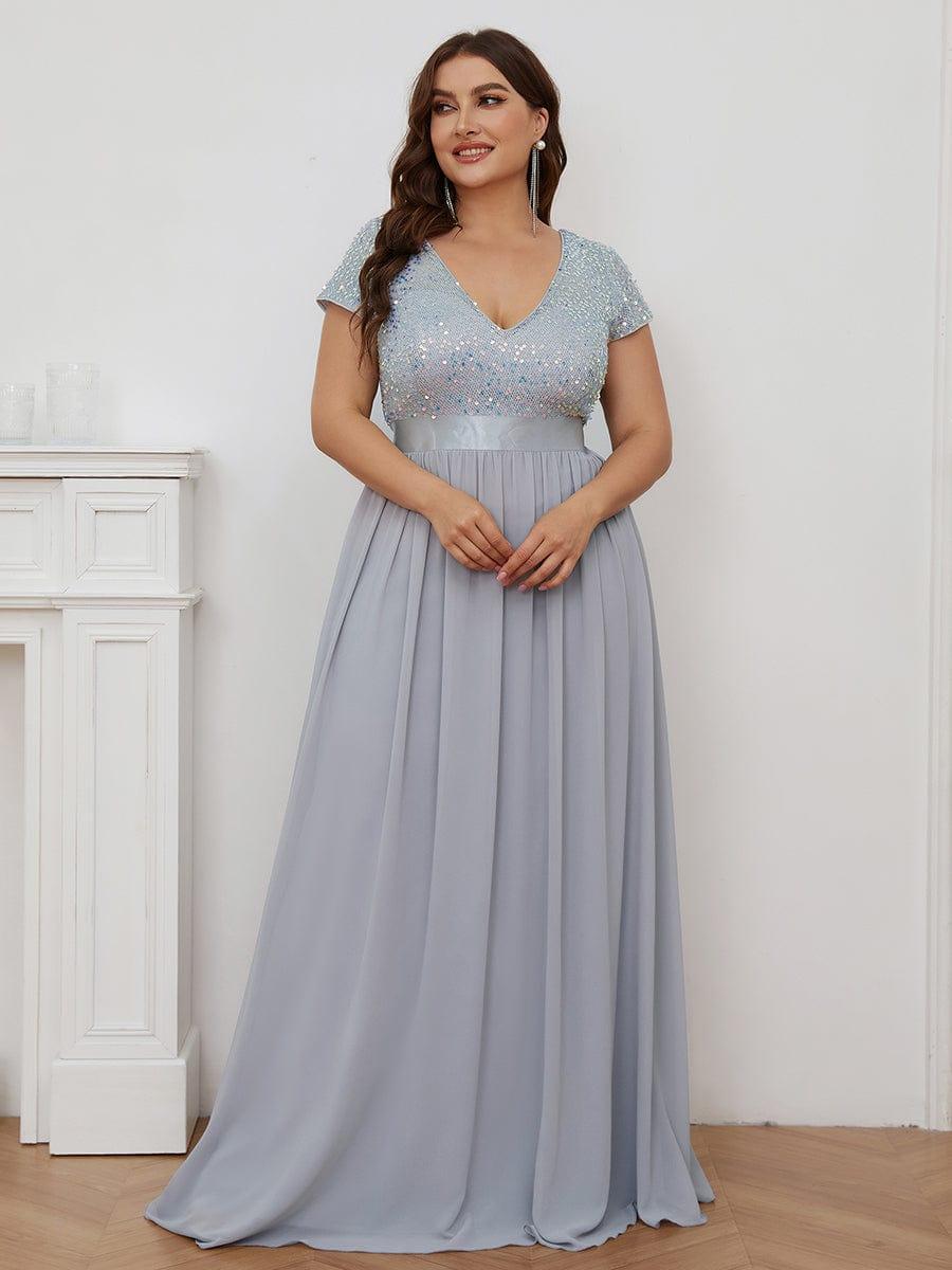 Robe de Soirée Maxi en Mousseline de Soie à Col en V de Grande Taille à Manches Courtes #Couleur_Argent