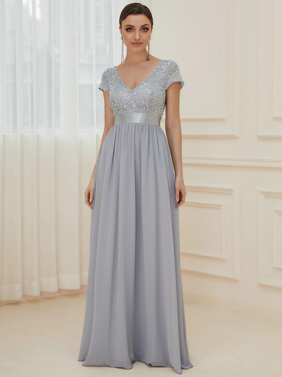 Robe de soirée taille empire à sequins et mousseline à encolure en V #Couleur_Argent