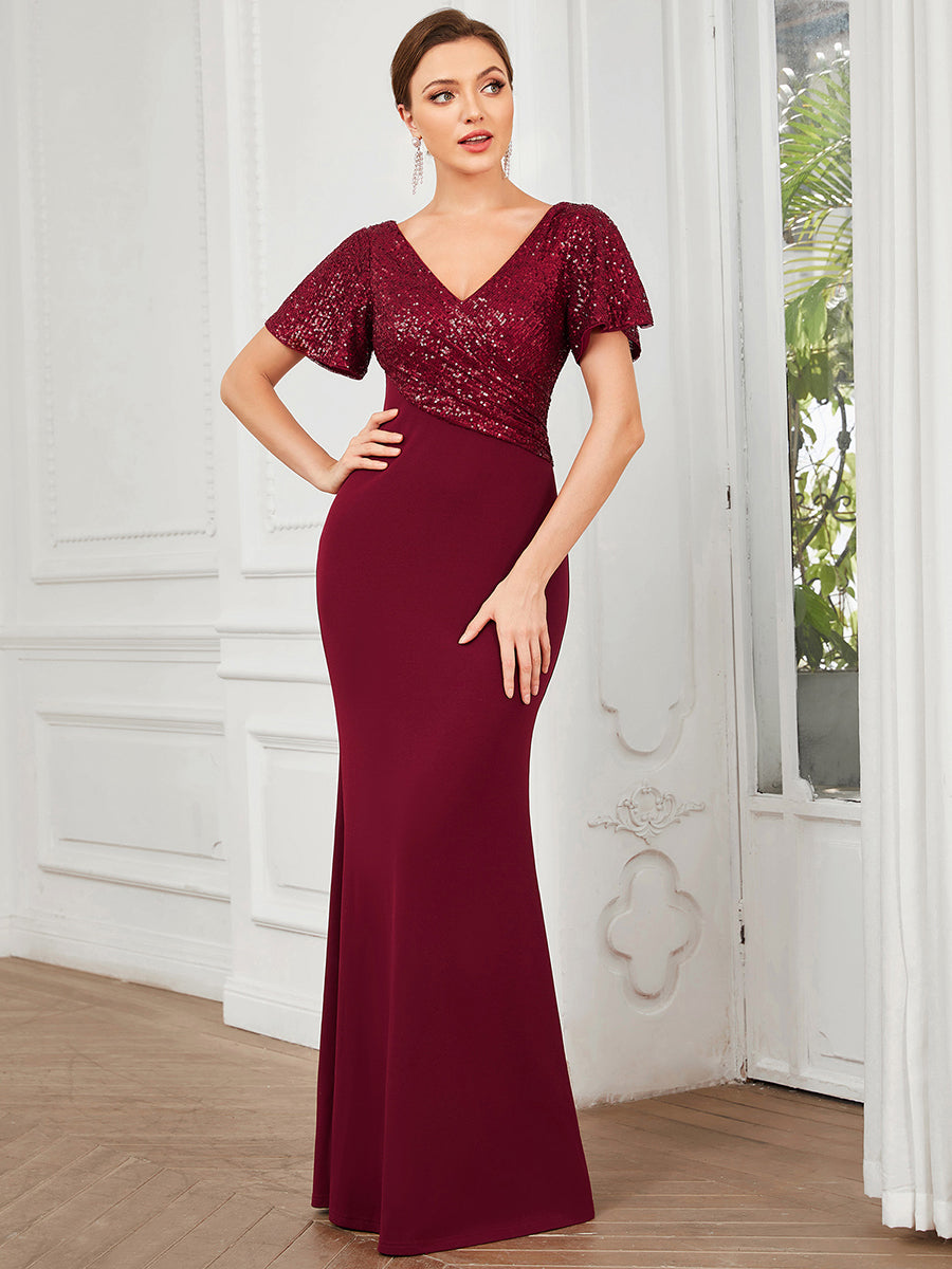 Robe de Soirée Tunique à Manches Courtes à Paillettes #Couleur_Bordeaux