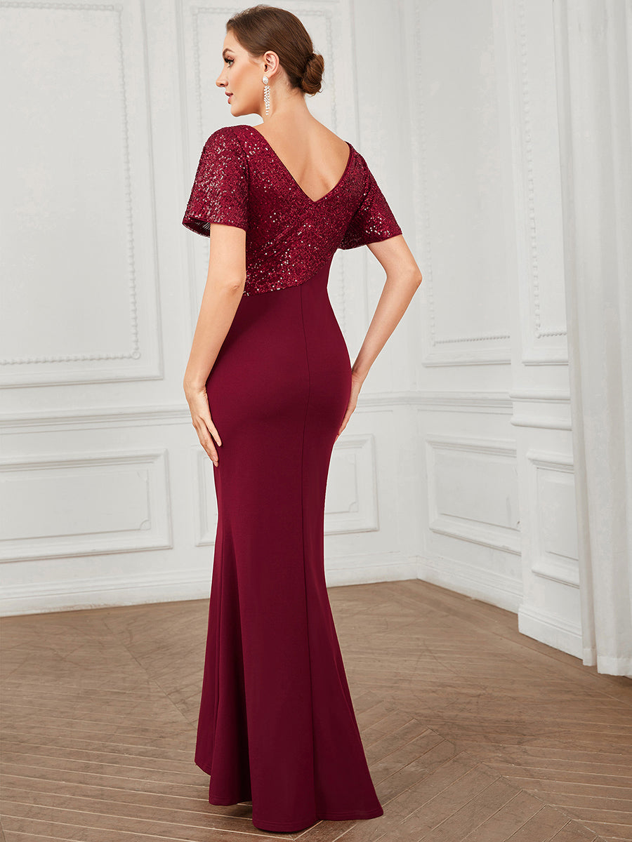 Robe de Soirée Tunique à Manches Courtes à Paillettes #Couleur_Bordeaux