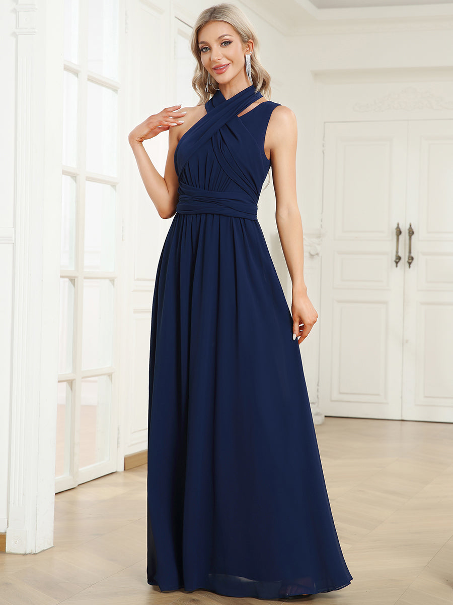Robe de soirée asymétrique en mousseline à taille ornée