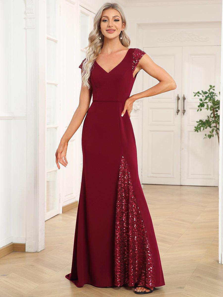 Robe de soirée trapèze à manches courtes et col en V à sequins #Couleur_Bordeaux