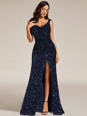 Robe de soirée sans manches à col en V moulante à sequins et fente sur le devant
