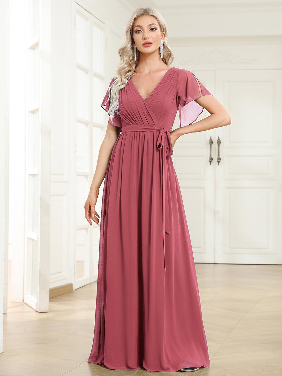 Taille personnalisée Robe de soirée en mousseline de soie à encolure en V #Couleur_Rose corail
