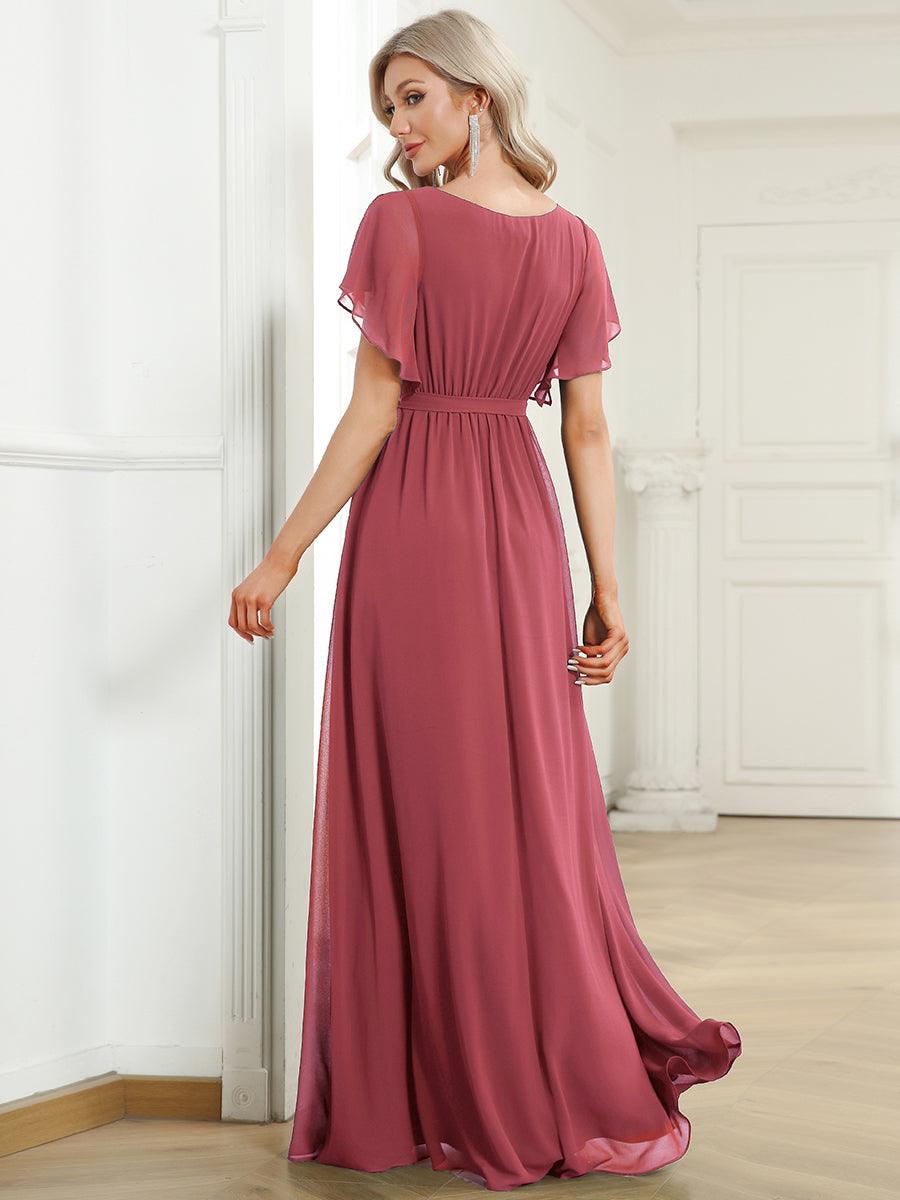 Taille personnalisée Robe de soirée en mousseline de soie à encolure en V #Couleur_Rose corail
