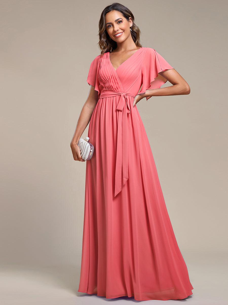 Taille personnalisée Robe de soirée en mousseline de soie à encolure en V #Couleur_Corail