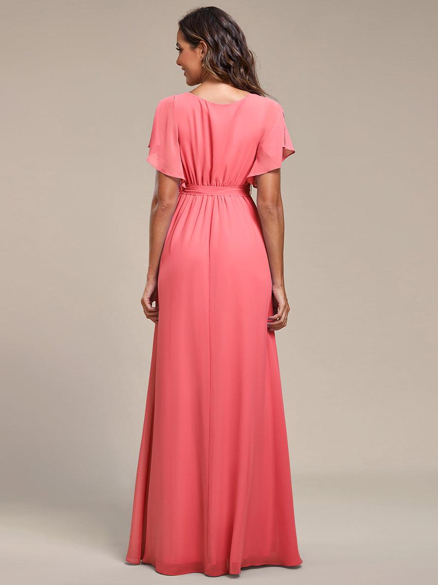 Taille personnalisée Robe de soirée en mousseline de soie à encolure en V #Couleur_Corail