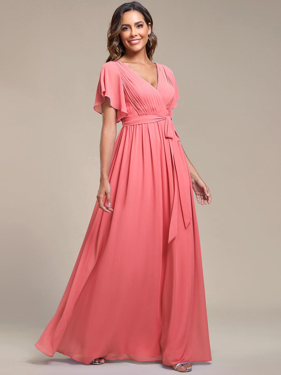 Taille personnalisée Robe de soirée en mousseline de soie à encolure en V #Couleur_Corail