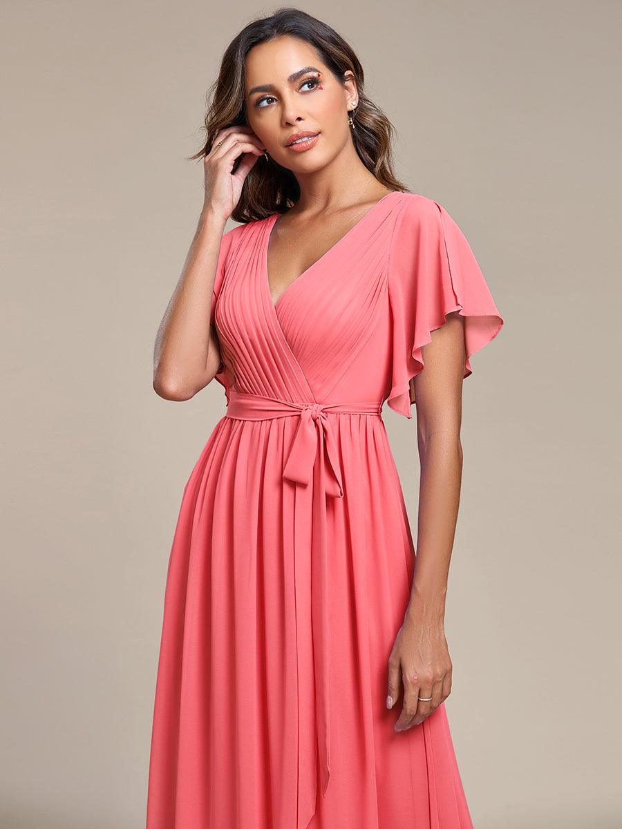 Taille personnalisée Robe de soirée en mousseline de soie à encolure en V #Couleur_Corail