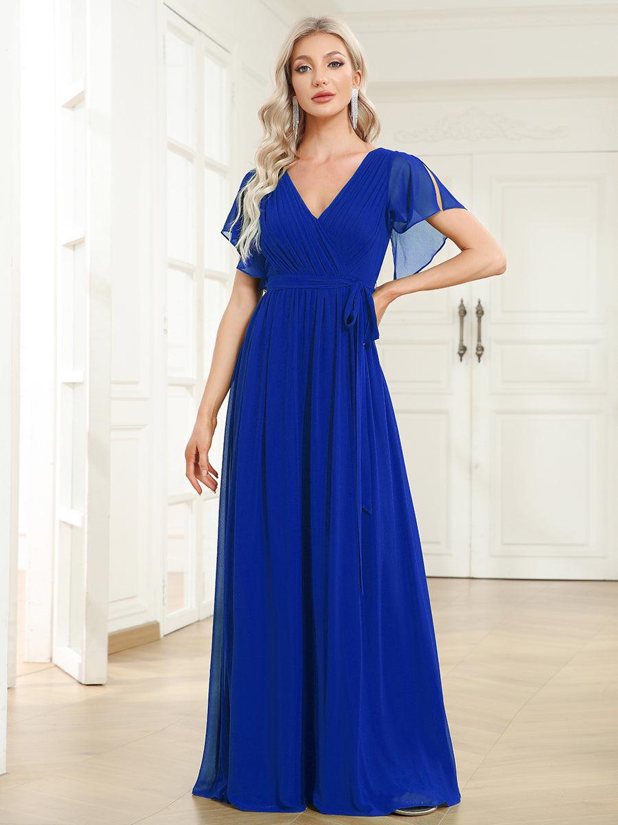 Taille personnalisée Robe de soirée en mousseline de soie à encolure en V #Couleur_Bleu Saphir