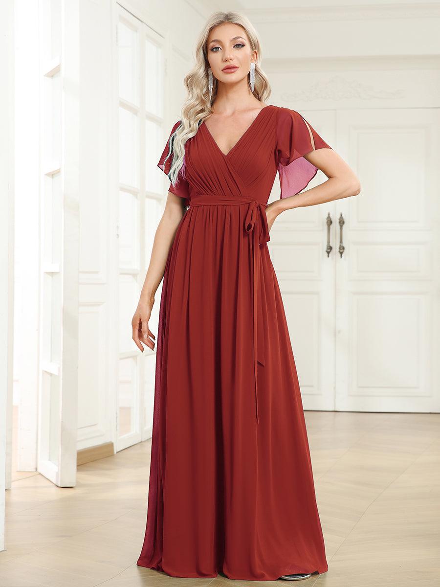 Taille personnalisée Robe de soirée en mousseline de soie à encolure en V #Couleur_Vermillon