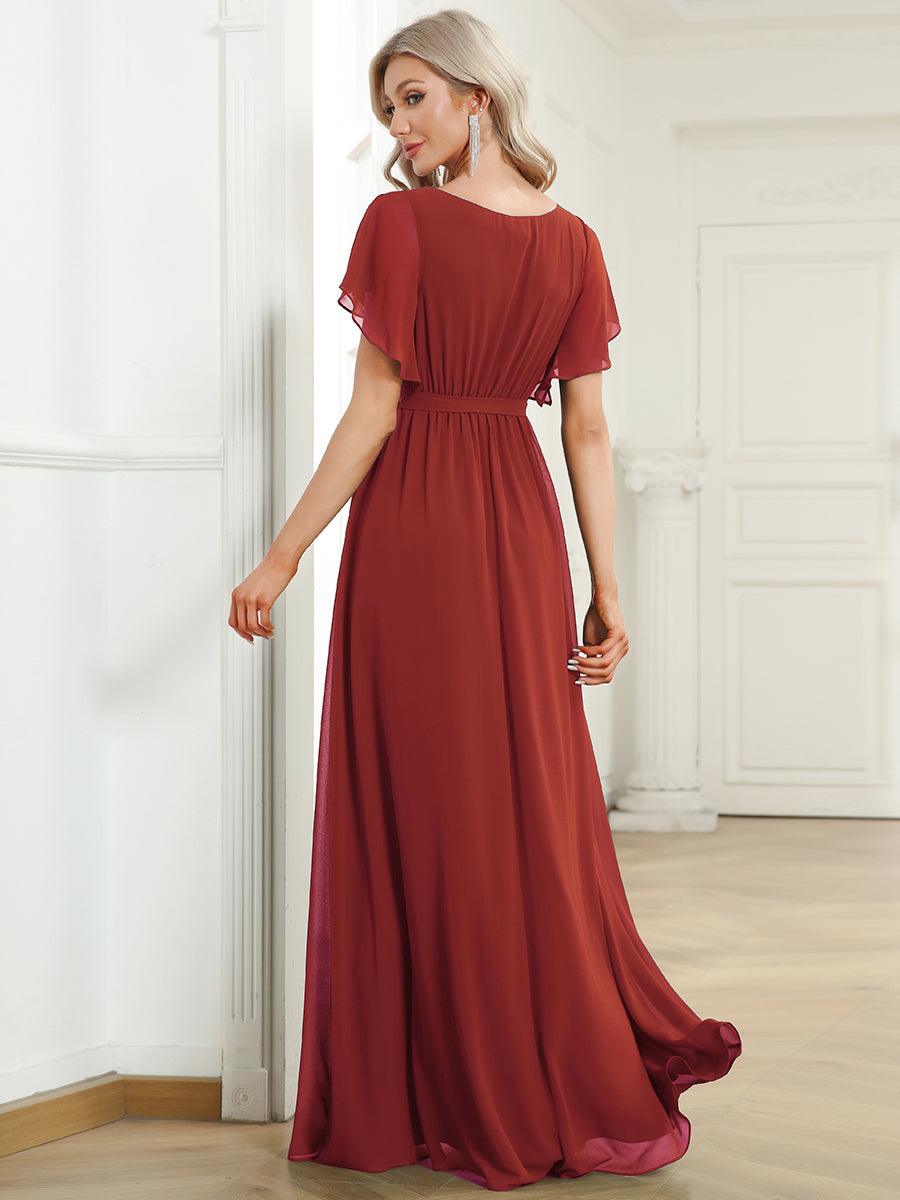 Taille personnalisée Robe de soirée en mousseline de soie à encolure en V #Couleur_Vermillon