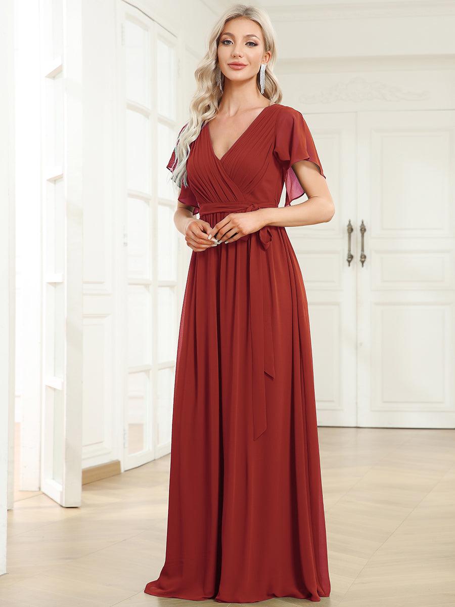 Taille personnalisée Robe de soirée en mousseline de soie à encolure en V #Couleur_Vermillon