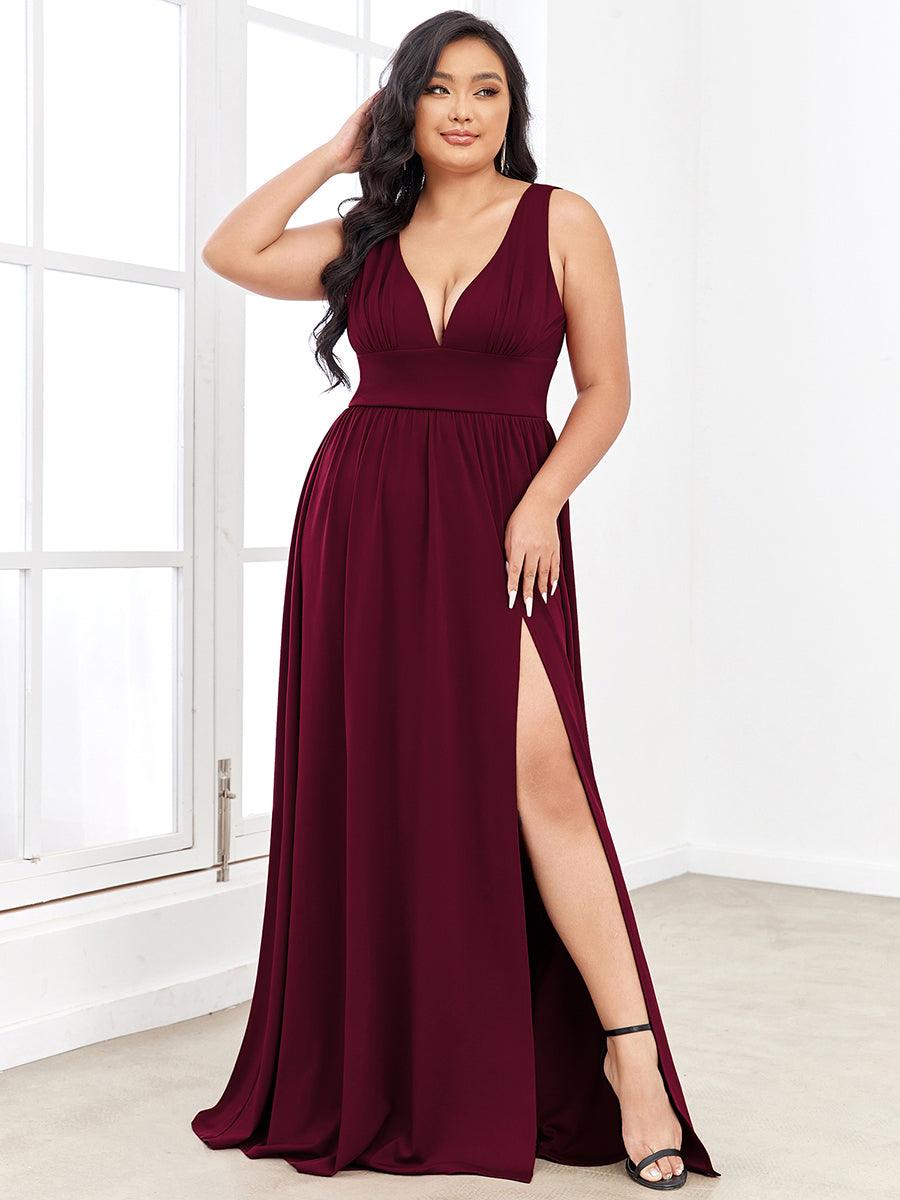 Robe de Bal Grande Taille Sans Manches Col en V Taille Empire Fendue au Sol