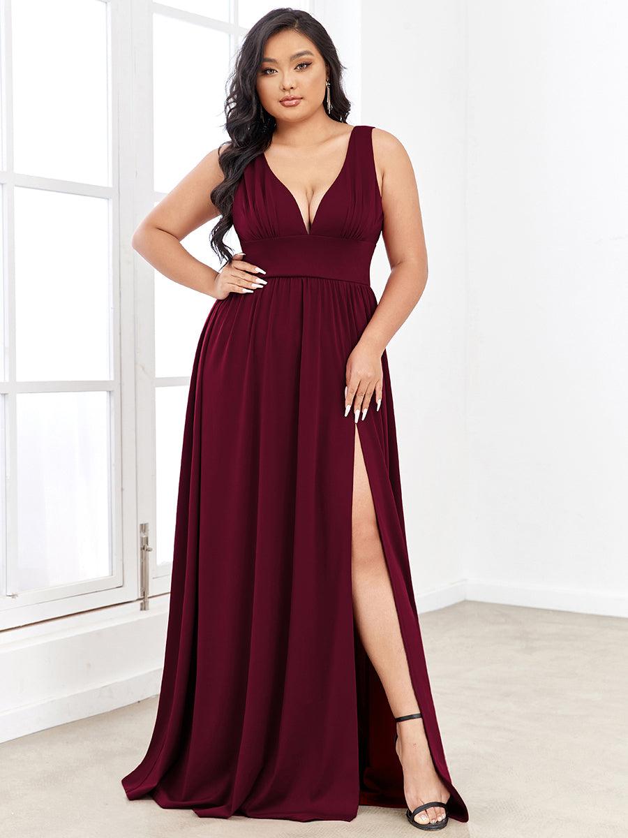 Robe de Bal Grande Taille Sans Manches Col en V Taille Empire Fendue au Sol