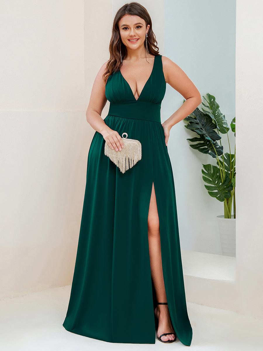 Robe de Bal Grande Taille Sans Manches Col en V Taille Empire Fendue au Sol #Couleur_Vert Fonce