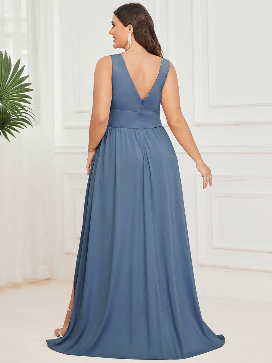 Robe de Bal Grande Taille Sans Manches Col en V Taille Empire Fendue au Sol