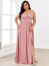 Robe de Soirée Grande Taille Sans Manches Col en V Taille Empire Fendue au Sol #Couleur_Rose fumee