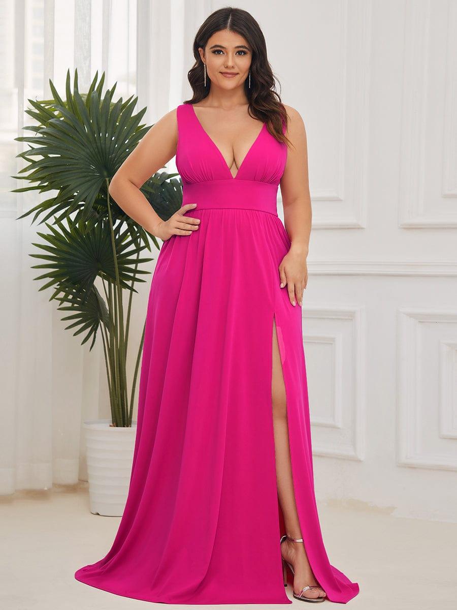 Robe de Bal Grande Taille Sans Manches Col en V Taille Empire Fendue au Sol #Couleur_Rose Vif