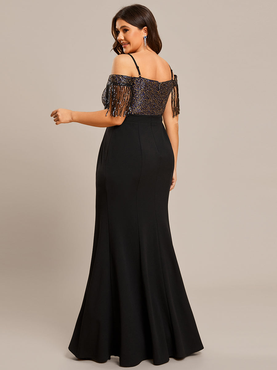 Robe de Soirée Manches Courtes à Franges Grande Taille Bretelles fines #Couleur_Noir