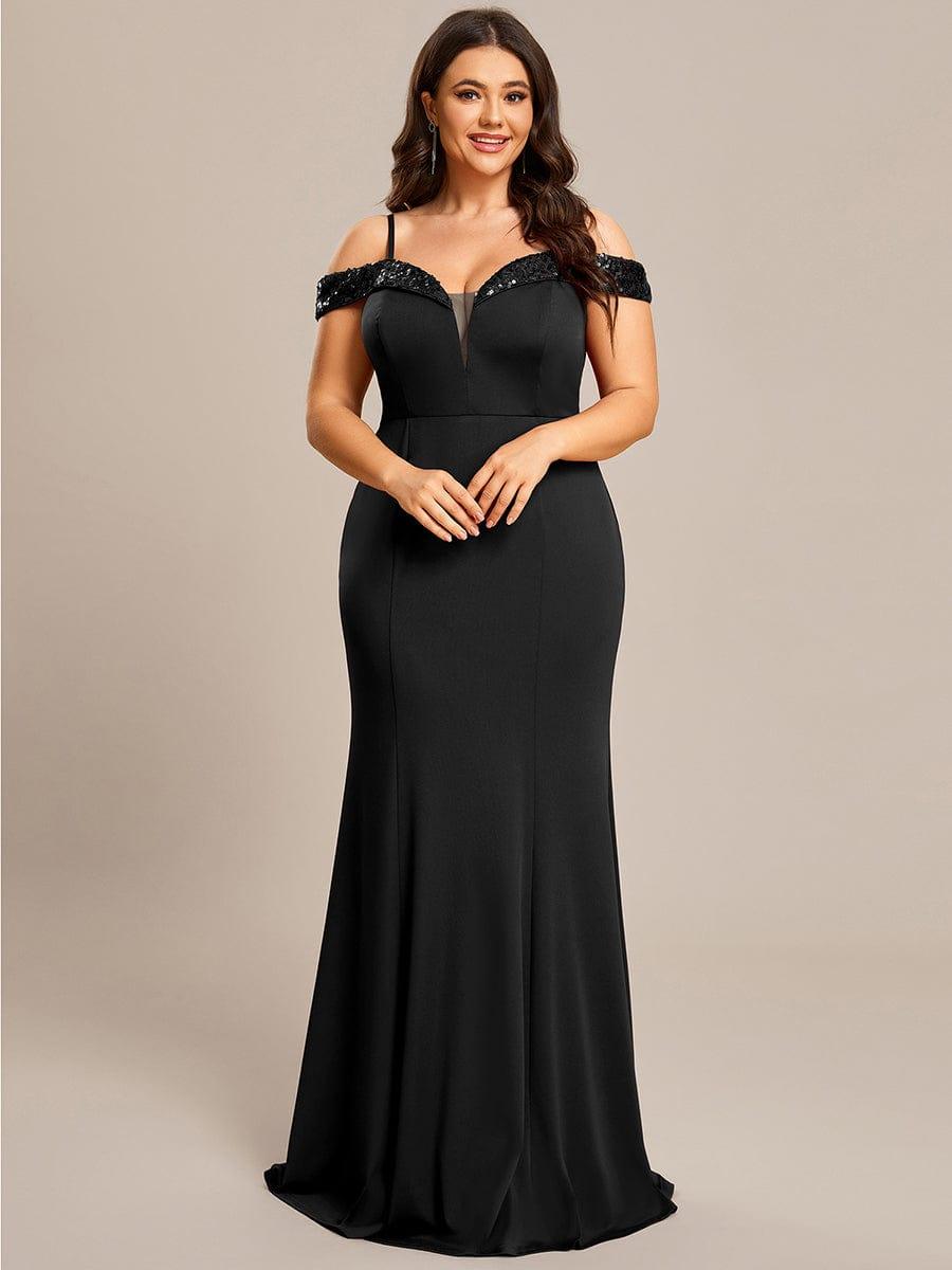 Robe de soirée Sequins Encolure V profonde Moulante élégante grande taille #Couleur_Noir