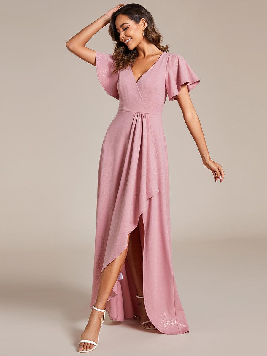 Robe de Soirée élégante à paillettes décolleté en V profond fente sur le devant #Couleur_Rose Fumee