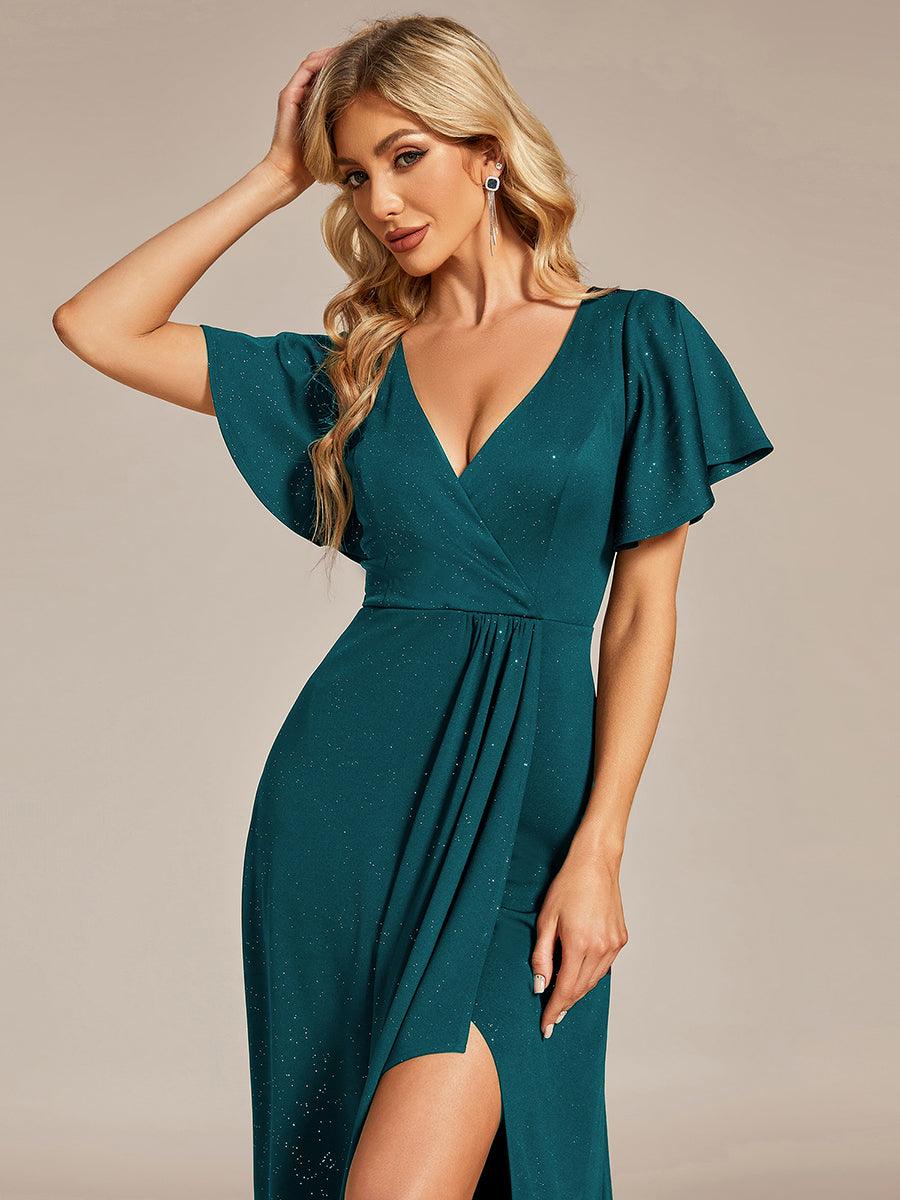 Robe de Soirée élégante à paillettes décolleté en V profond fente sur le devant #Couleur_Bleu Sarcelle