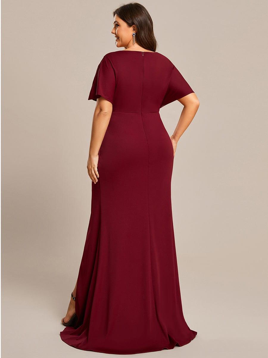 Robe de Soirée Haute Fendue à Manches Paillettes de Grande Taille #Couleur_Bordeaux