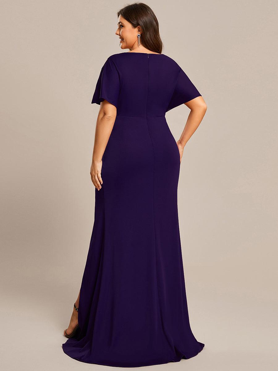 Robe de soirée Col en V Manches longues Plissées et Fendues #Couleur_Violet Fonce