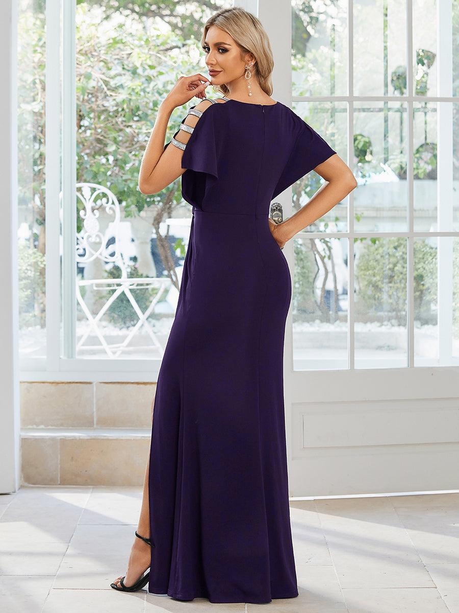 Robe de soirée Col en V Manches longues Plissées et Fendues #Couleur_Violet Fonce