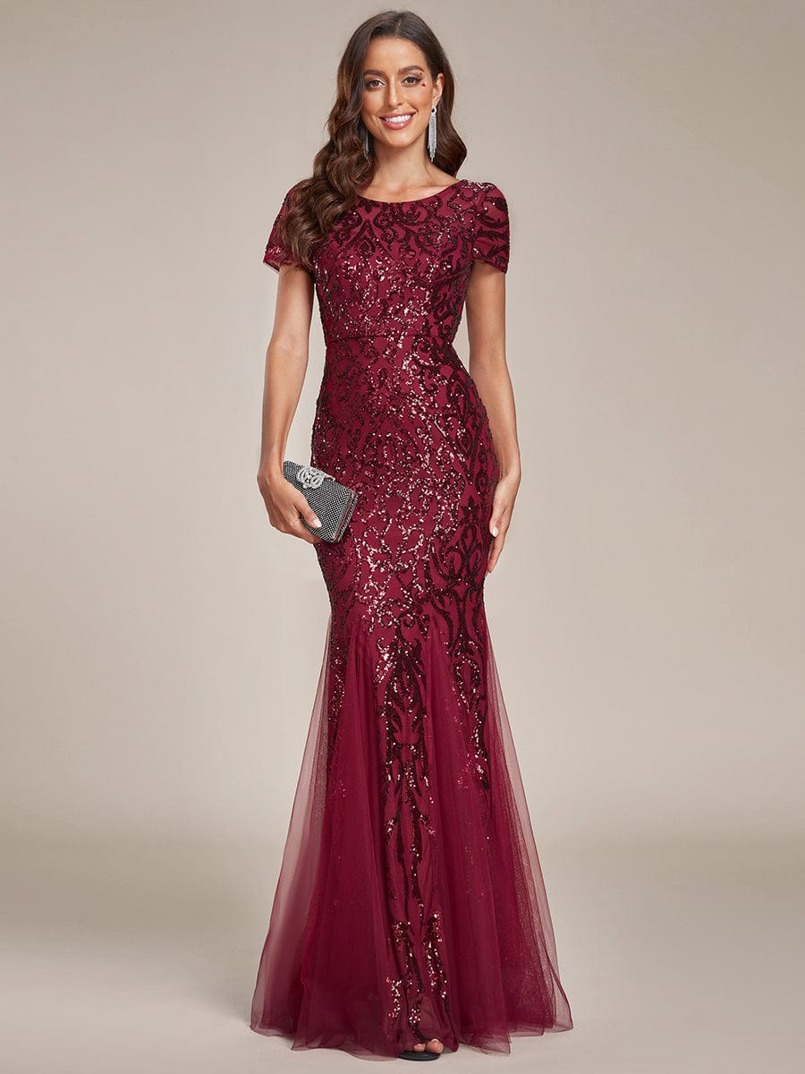 Robe de soirée sirène luxueuse sirène à sequins et encolure ronde #Couleur_Bordeaux