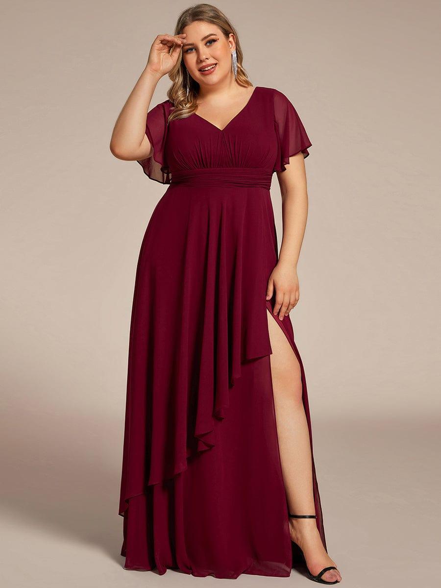 Robe de soirée Grande taille mousseline Manches volantées et à volants #Couleur__Bordeaux