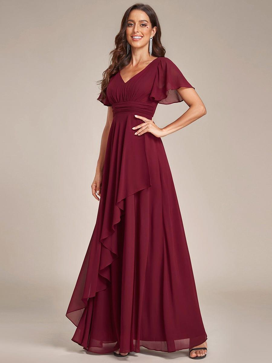Robe de soirée en mousseline à manches volantées et à volants #Couleur_Bordeaux