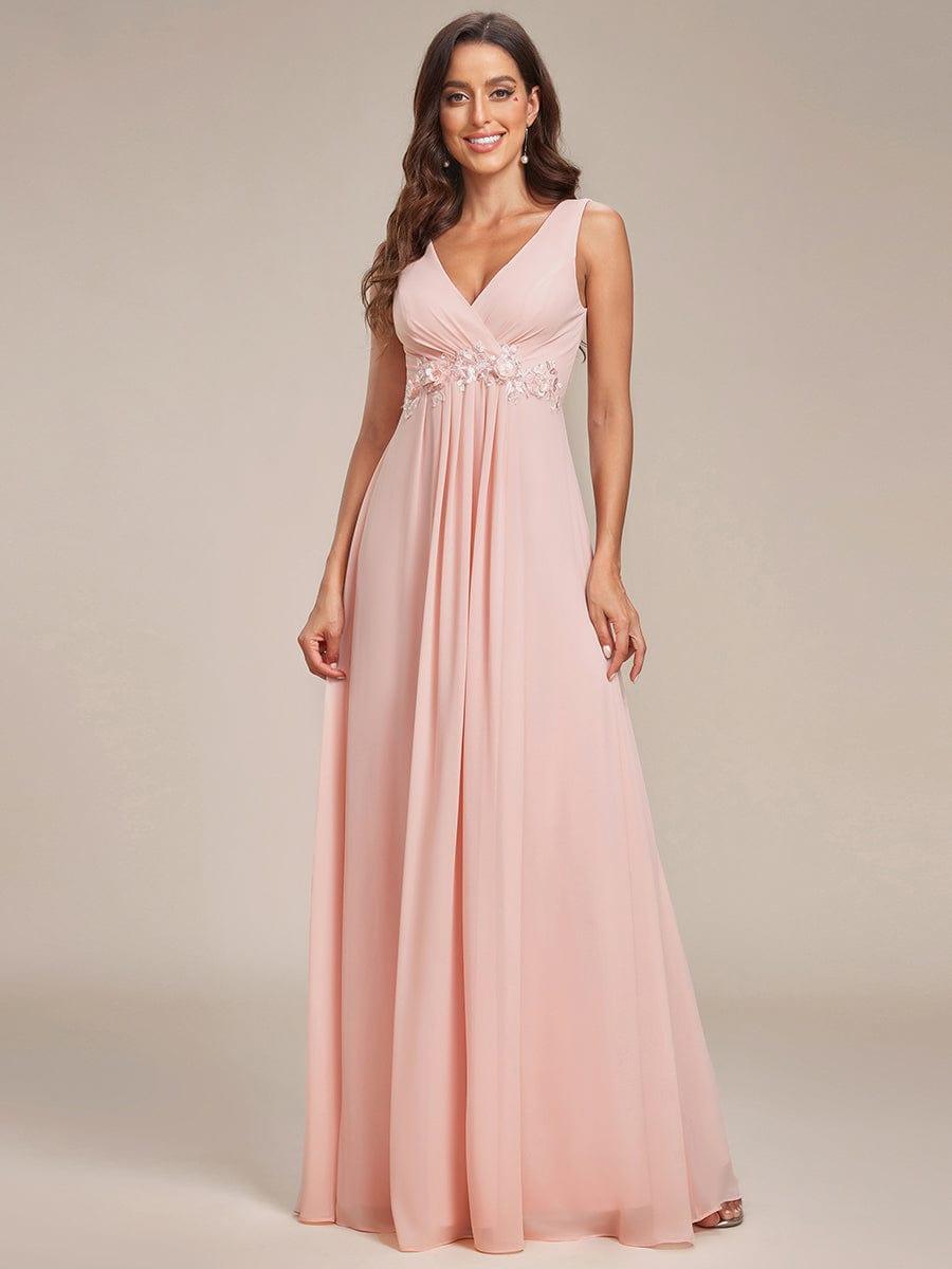 Robe de soirée longue sans manches en mousseline à appliqué floral #Couleur_Rose