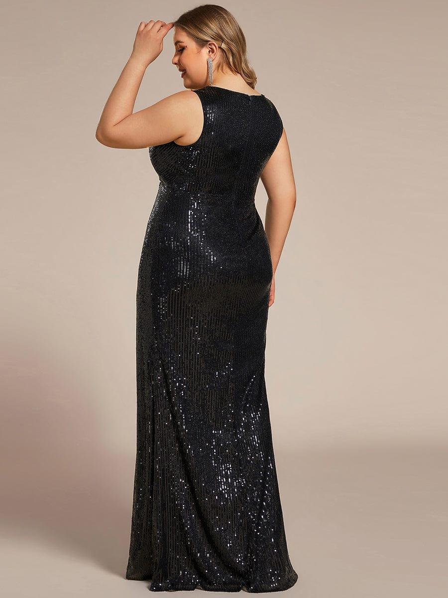 Robe de soirée à col en V profond à sequins scintillante de grande taille #Couleur_Noir