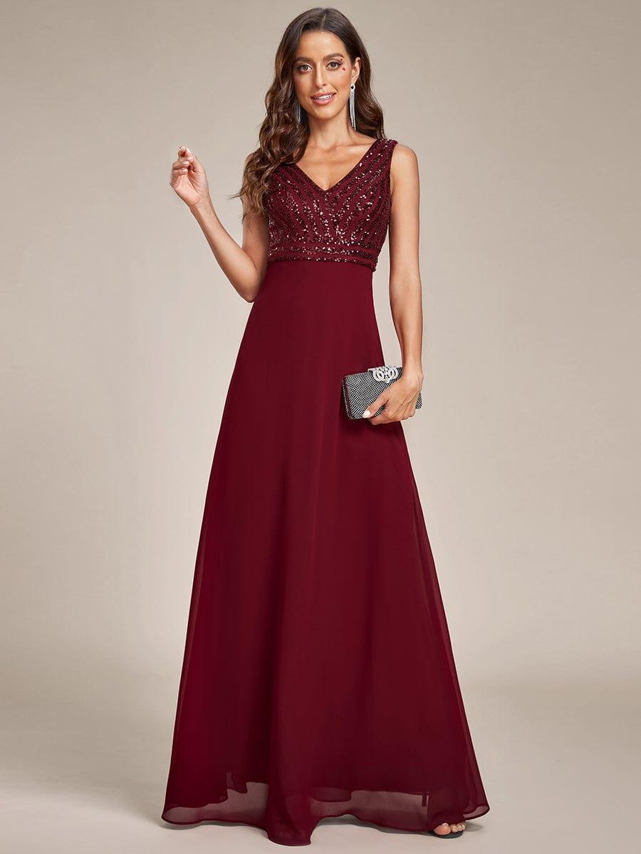 Sequin Sleeveless Double V-Neck Formal Evening Dress #Couleur_Bordeaux